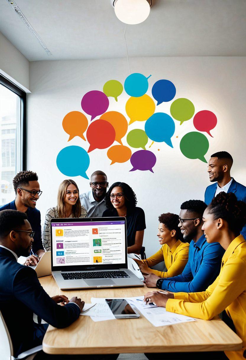 A dynamic blog scene featuring a laptop displaying vibrant, engaging visuals and text about client engagement strategies. Surrounding the laptop, diverse people of different ethnicities are interacting, showcasing a sense of connection and collaboration. Include elements like speech bubbles and digital icons representing communication and trust. Bright colors and a modern, inviting workspace should create an energetic atmosphere. super-realistic. vibrant colors.