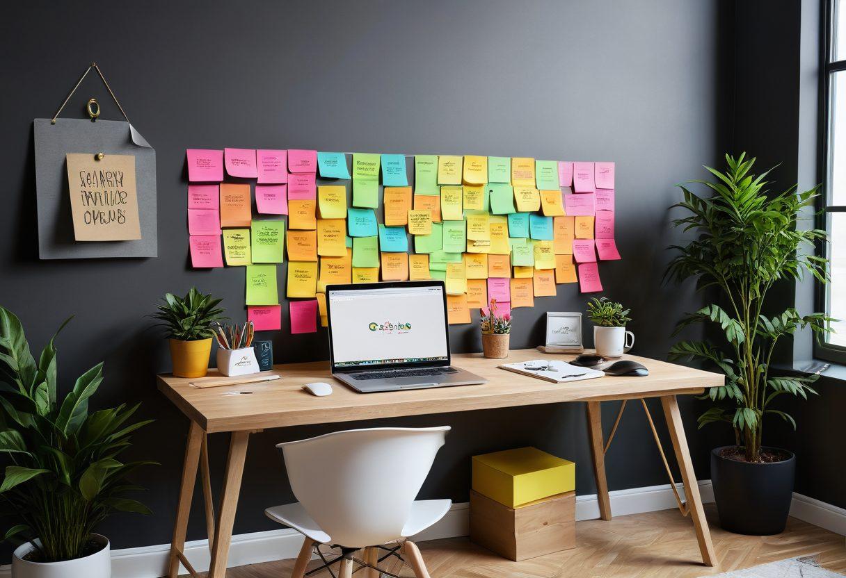 A cozy workspace with a laptop displaying a blog post titled 'Building Loyalty'. Surrounding the workspace are sticky notes with reminders about client interactions, a cup of coffee, and a plant symbolizing growth. A heart symbol subtly integrated into the design to represent loyalty and relationships. Warm lighting to evoke a welcoming atmosphere. super-realistic. vibrant colors. 3D.