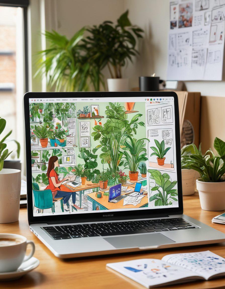 A modern workspace featuring a laptop open to a vibrant blog interface, with colorful notes and sketches scattered around. In the background, diverse individuals are engaging in a lively discussion, symbolizing connections forged through effective communication. Incorporate elements like a cup of coffee, plants, and digital screens displaying social media interactions to emphasize the dynamic nature of blogging. super-realistic. vibrant colors. cozy atmosphere.